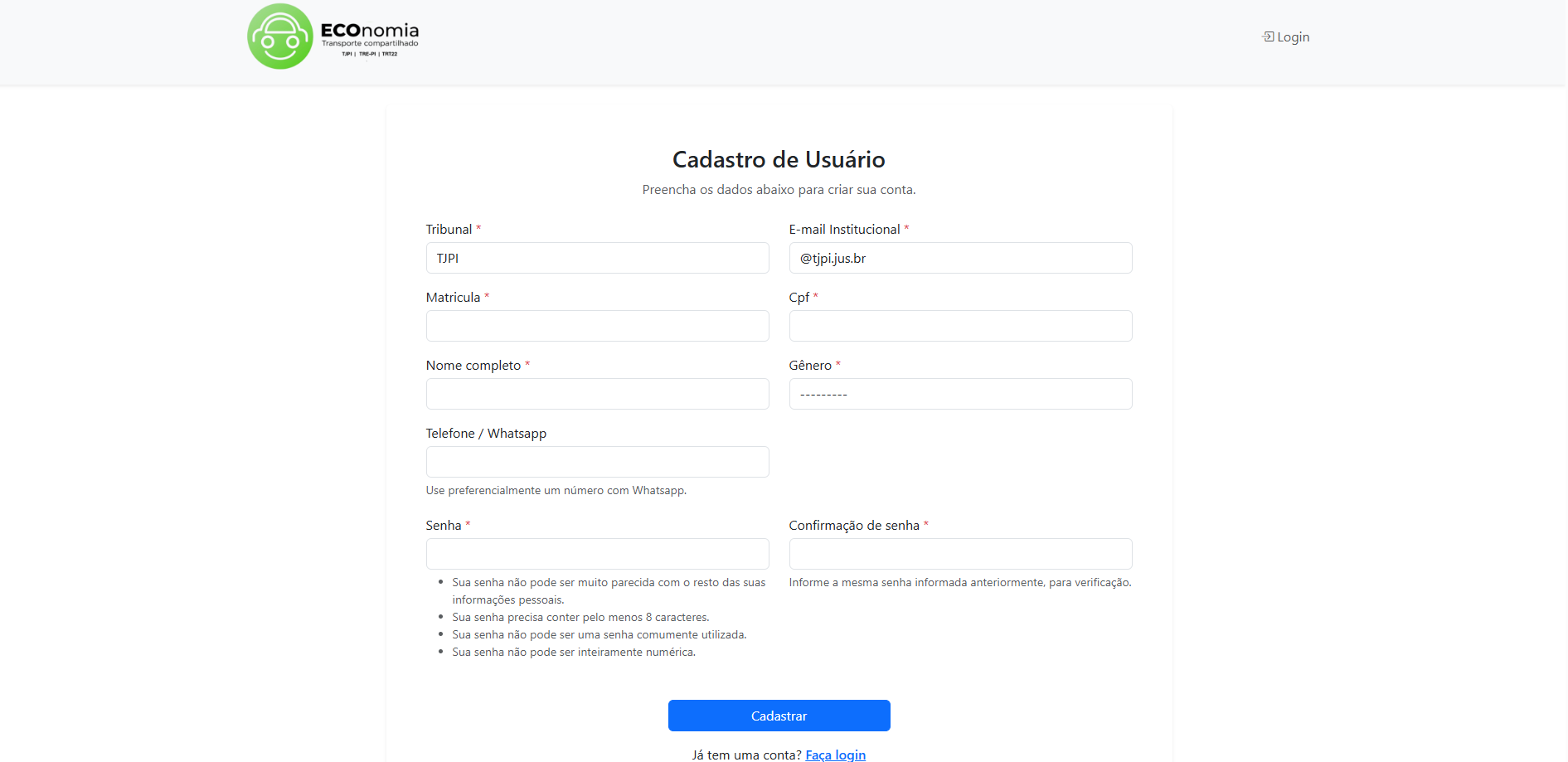 2. Cadastro de novo usuário